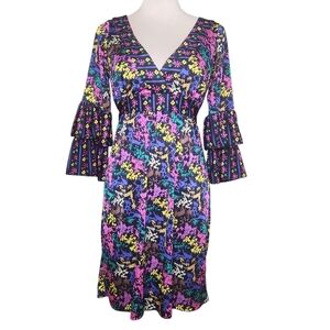 Betsey Johnson Bambi Multicolor Deer Print Dress Size 8 Tiered Bell Sleeve Y2K